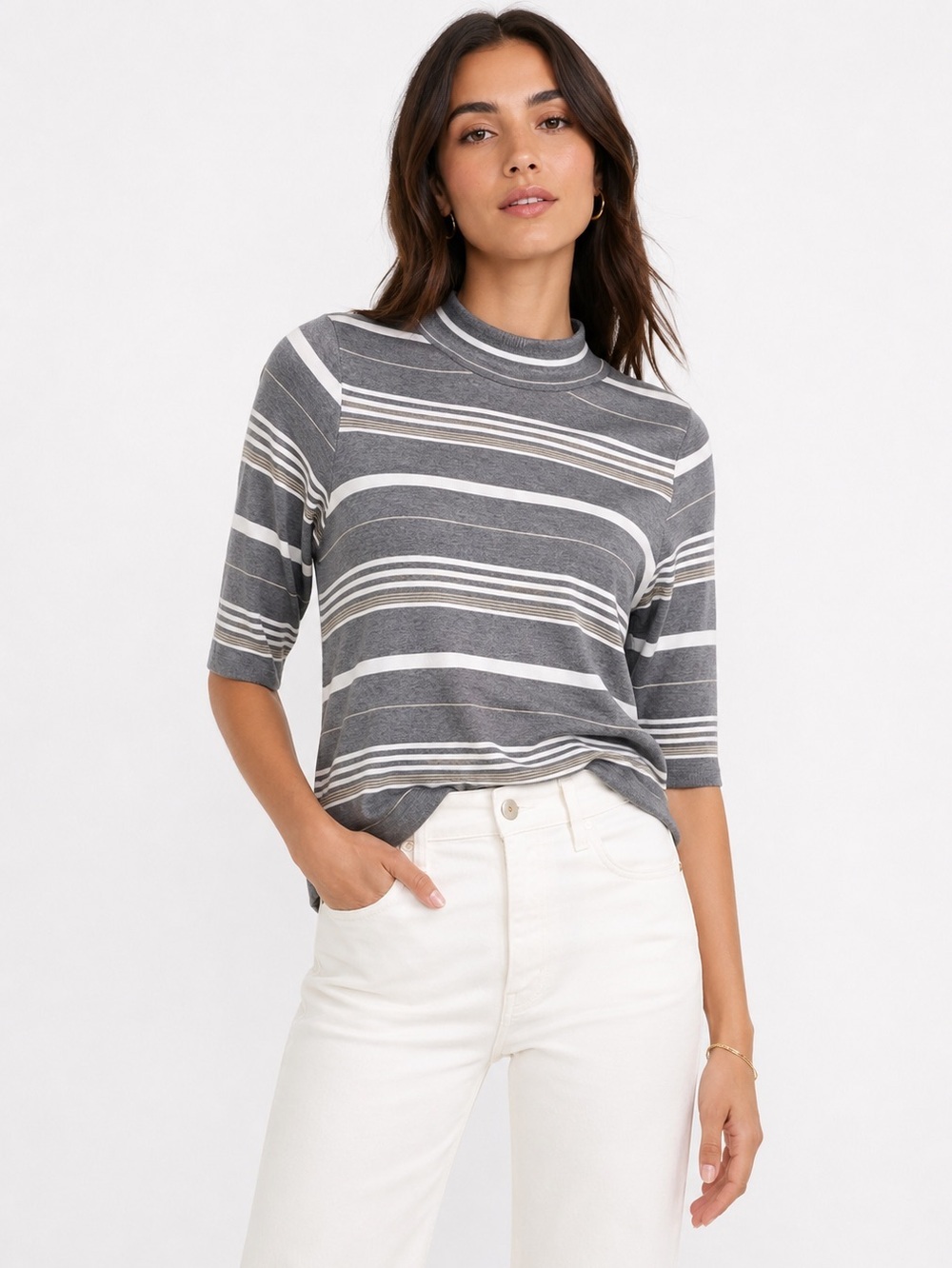 NWT Ann Taylor Gray White Striped Mock Neck Half Sleeve Top Size XS